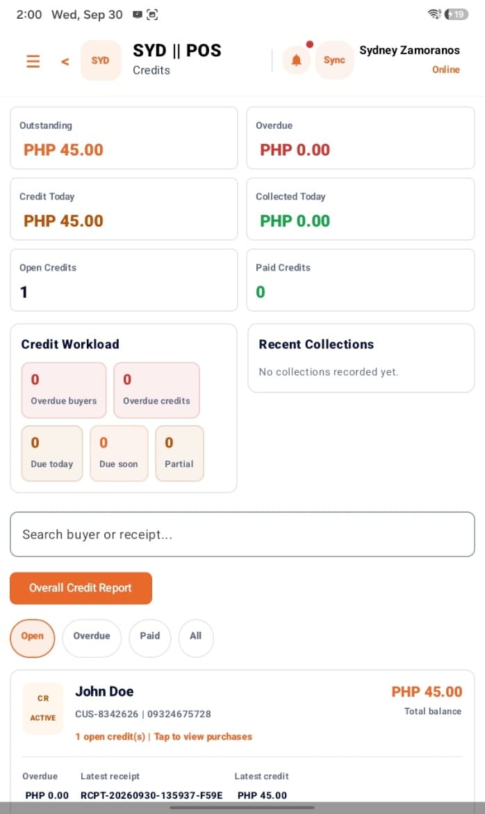 Credits and collections screen on the SYD POS tablet app